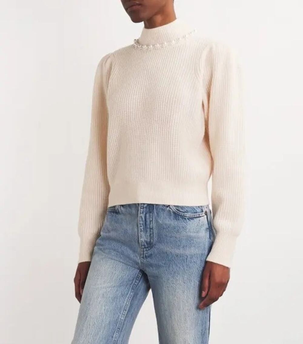 Sandro Lisa Pearl Embellished Wool Cashmere Sweater Beige size XS